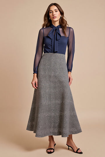A Line Illusion Neck Grey Work Dress with Long Sleeves